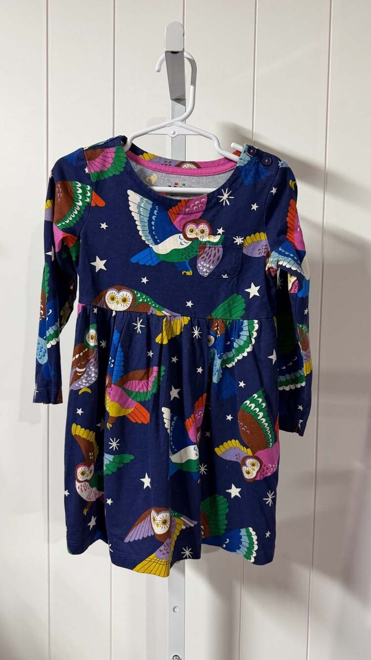 Mini Boden Long Sleeve Owl Print Jersey Dress Size 3-4Y